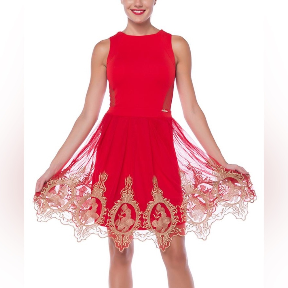 FX Missony Red Dress with Gold Scalloped edging.